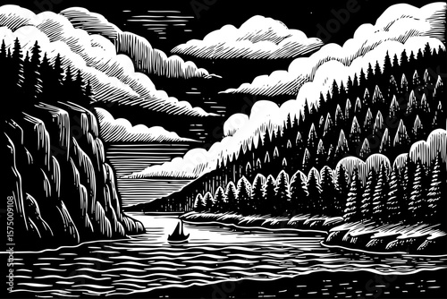 Nordic fjord merging into the sea, with cliff, boat, pine forests, and clouds illustrated in elegant black and white line art illustration for nature and travel use
