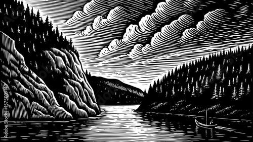 Nordic fjord merging into the sea, with cliff, boat, pine forests, and clouds illustrated in elegant black and white line art illustration for nature and travel use
