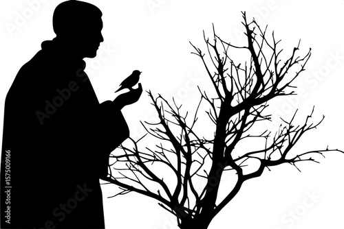"Black silhouette of a robed man, mid-profile, holding a bird near his face. His body blends into thin, leafless tree limbs that stretch outward. The minimalist image is framed with high contrast and 