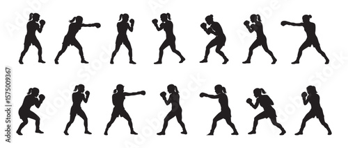 Black silhouette of female boxer in various boxing poses, isolated on white background, graphic illustration. concept of athlete, sport, fitness, martial arts, design element