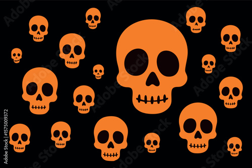 Halloween skulls pattern with multiple orange skulls on black background, graphic illustration. concept of horror, spooky holiday, scary skull design, fear, death, night.
