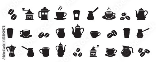 Set of black coffee items and equipment icons in silhouette isolated on white background, illustration. Concept of coffee drinks, mugs, beans, cups, coffee makers, barista tools, design elements