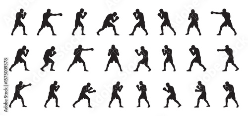 Collection of black silhouette male boxers in various poses isolated on white background, graphic illustration. concept of sport, martial arts, training, athletic figure, exercise, icon set