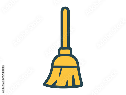 Yellow broom with long handle, isolated on white background, graphic illustration. concept of cleaning tool, housekeeping, home chores, icon, logo, design element