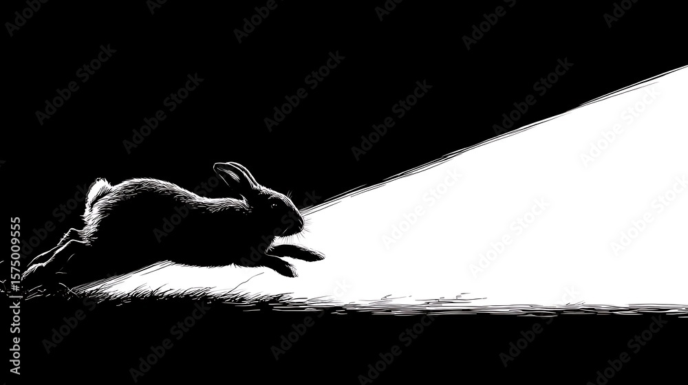 Fototapeta premium the image depicts a creature in mid leap set against a contrasting monochrome background. the animal, silhouetted against a bright area, is suspended above some foliage