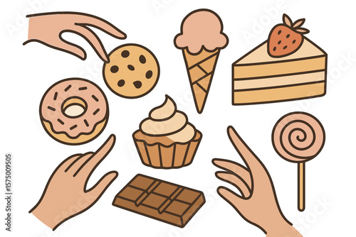 Sweet treats collection: ice cream, donut, cupcake, chocolate, and more