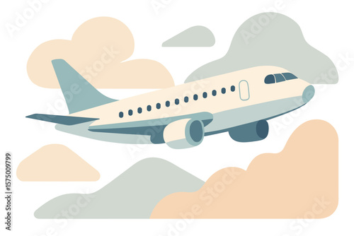 Flat style airplane flying through minimalist clouds in soft pastel colors