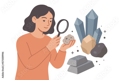 Curious geologist examining minerals with magnifying glass