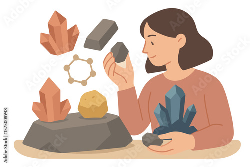 Person observing minerals and crystals in flat design on white background