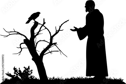 A stylized silhouette scene: A man wearing a flowing robe stands in profile, gazing at a bird perched on his hand. His torso subtly forms the image of a dead, branchless tree. The scene is entirely bl