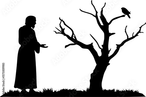 A stylized silhouette scene: A man wearing a flowing robe stands in profile, gazing at a bird perched on his hand. His torso subtly forms the image of a dead, branchless tree. The scene is entirely bl