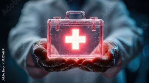 A red first aid kit with a medical cross symbol, an essential healthcare emergency aid box