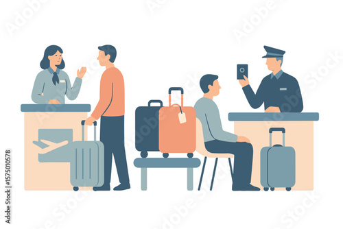 Airport check-in and security screening scene with travelers