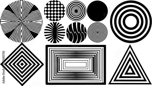 geometric optical patterns grid black white radial sunburst checkerboard concentric circles diamond triangular abstract modern graphic design