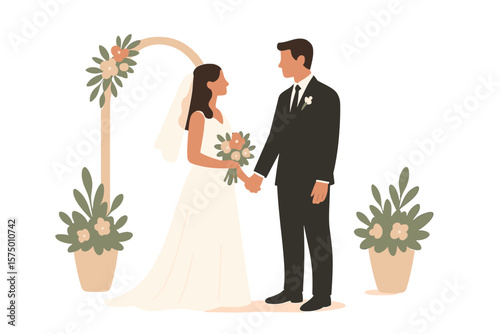 Bride and groom under floral arch: a modern flat design depiction of a wedding ceremony