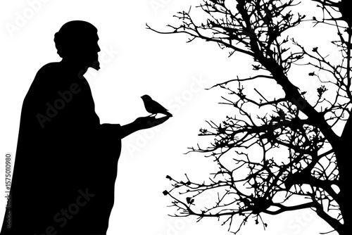 "Silhouetted figure of a man in profile, wearing a loose, draping robe, holding a small bird perched on his hand. The man's head is bowed slightly in contemplation. His body is filled with a silhouett