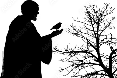 "Silhouetted figure of a man in profile, wearing a loose, draping robe, holding a small bird perched on his hand. The man's head is bowed slightly in contemplation. His body is filled with a silhouett