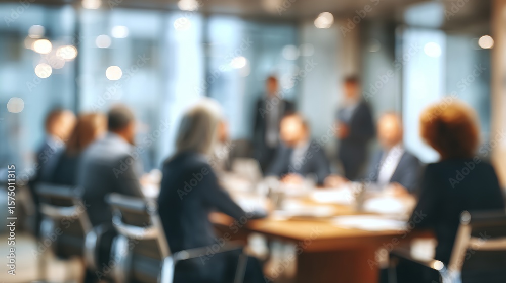 Fototapeta premium Blurred corporate meeting scene showcasing executives in suits seated around a conference table discussing strategy