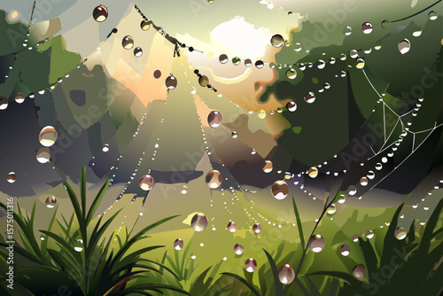Morning Dewdrops on Spiderweb A Serene Nature Illustration