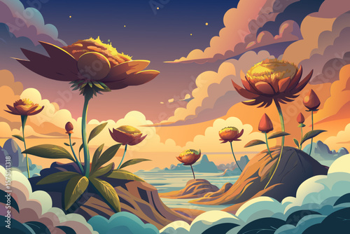 Enchanted Sunset Fantasy Floral Landscape Illustration