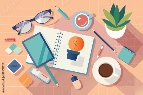 Flatlay illustration of workspace essentials notebook, tablet, coffee, plants, and stationery