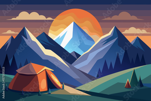 Majestic Mountain Sunset Camping Adventure Illustration
