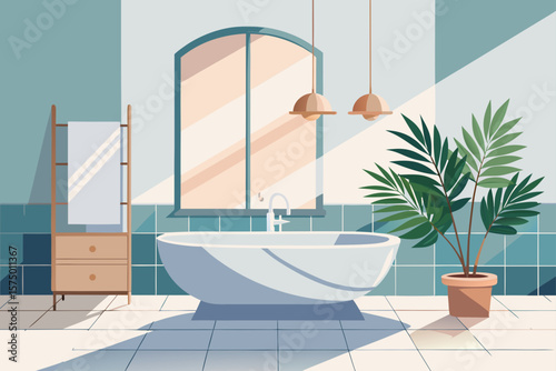 Serene Bathroom Design Modern Minimalist Tub, Plants, and Sunlight