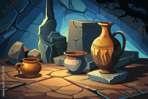 Ancient Pottery and Ruins A Digital Painting of Archaeological Discovery