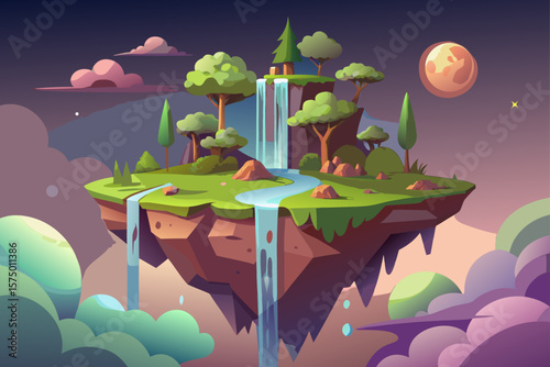 Floating Island Paradise A Surreal Landscape with Waterfall and Lush Greenery
