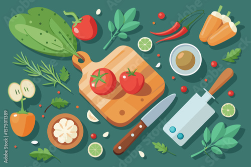 Vibrant Cooking Ingredients A Colorful Collection of Fresh Produce and Kitchen Utensils