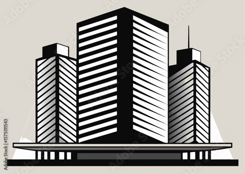 Modern architectural skyscrapers with geometric patterns and sharp lines silhouette isolated on white background