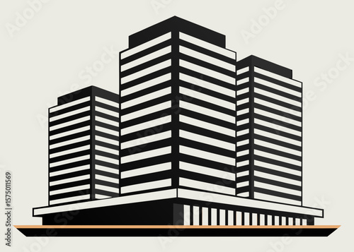 Modern abstract geometric skyscraper buildings silhouette with horizontal stripes isolated on white background