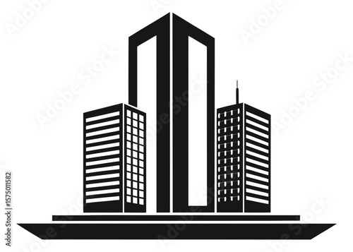 Modern cityscape with three distinct skyscrapers in a graphic silhouette style isolated on white background