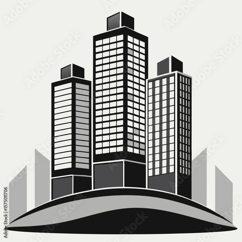 Stylized graphic illustration of modern skyscrapers in a cityscape silhouette isolated on white background