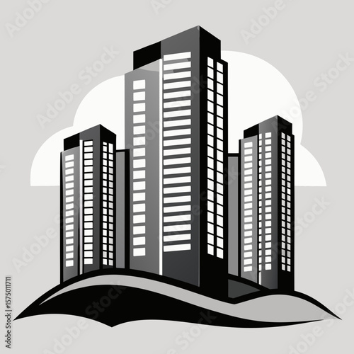 Modern city skyline with tall skyscrapers and stylized clouds silhouette isolated on white background