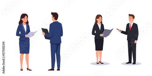 Businesswoman negotiating a contract with businessman in formal attire, vector, set, white background