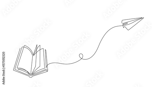 Continuous one line drawing of open book and flying paper plane. Minimalist concept of imagination, learning, and creativity. Vector illustration isolated on white background.