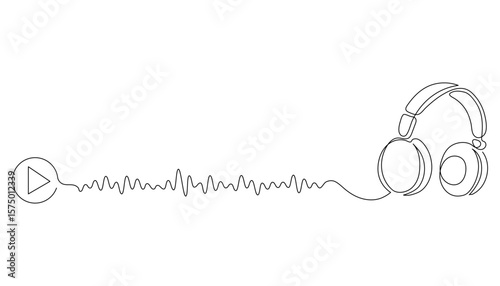 One continuous line drawing of audiobook concept. Headphones and book outline. Minimal vector for education, e-learning, podcasts. Editable stroke. Doodle linear illustration.
