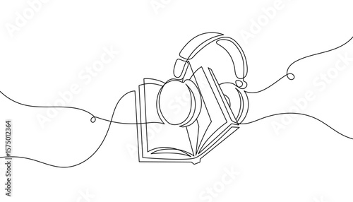 One line drawing of headphones and open book. Hand-drawn audiobook listening, education, and e-learning concept. Wireless gadget minimal contour. Vector illustration. Editable stroke.