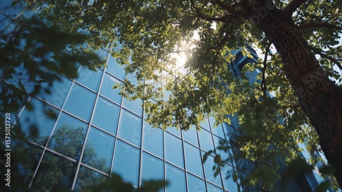 RSE, Responsabilité sociétale et environnementale, un arbre vert se reflète sur les vitres d'un immeuble de bureaux d'entreprise