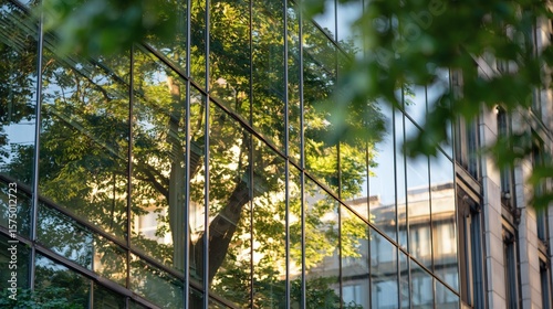 RSE, Responsabilité sociétale et environnementale, un arbre vert se reflète sur les vitres d'un immeuble de bureaux d'entreprise