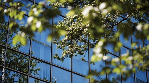 RSE, Responsabilité sociétale et environnementale, un arbre vert se reflète sur les vitres d'un immeuble de bureaux d'entreprise