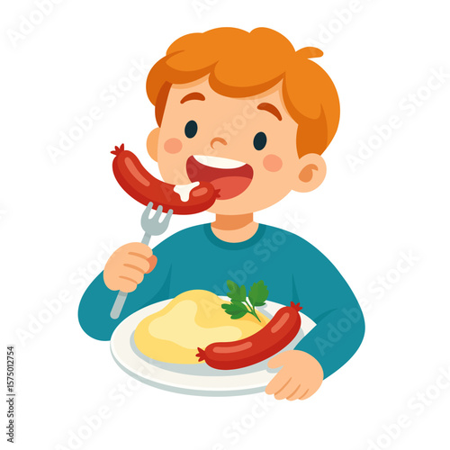 Happy Boy Enjoying Sausages and Mashed Potatoes