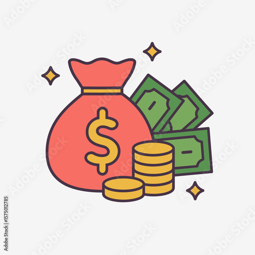 Money Bag with Coins and Cash Illustration