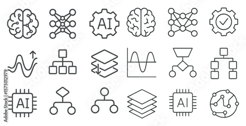 Set of icons for AI and technology. The icons include a brain, a clock, a computer, and a robot. Scene is futuristic and technological