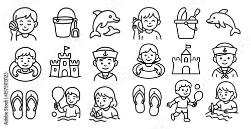 Collection of cartoon characters and objects that represent various activities and objects related to water and beach. Scene is playful and fun, with the children enjoying their time at the beach