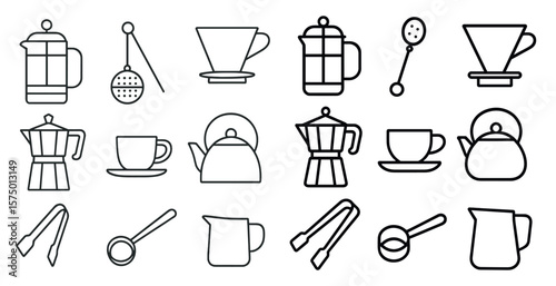 Collection of kitchen utensils and appliances, including a coffee pot, a tea kettle, a spoon, and a cup