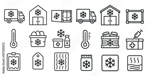 Series of icons depicting various cold-related items, such as a freezer, a refrigerator, a truck, and a box