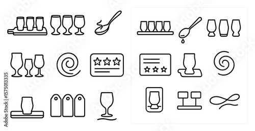 Collection of various kitchen utensils and glassware, such as a spoon, a knife, and a fork, as well as a tray and a bottle