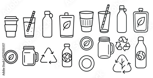 Series of images of various drink containers and cups, including a glass with a straw and a plastic bottle with a leaf on it